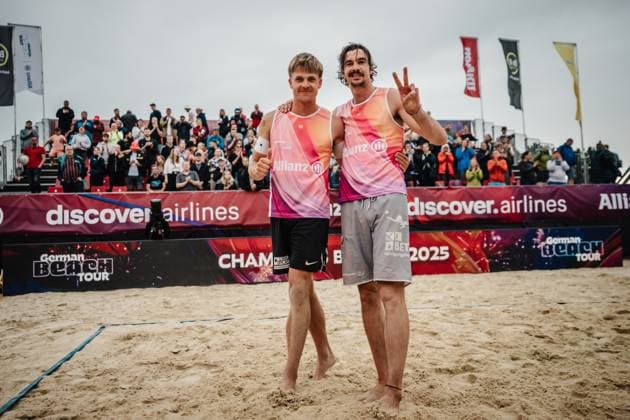 Beach volleyball men Allianz German Beach Tour 2025 Tourstop Bremen 15 06 2025 f l Luis Kubo and Jannik Kühlborn Bremen Waterfront Bremen Germany