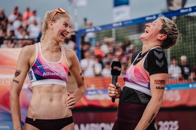 Beach volleyball women Allianz German Beach Tour 2025 Tourstop Bremen 15 06 2025 f l Nele Barber and Melanie Gernert in an interview after the tournament win Bremen Waterfront Bremen Germany