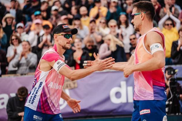 Beach volleyball men Allianz German Beach Tour 2025 Tourstop Bremen 15 06 2025 f l Bennet Poniewaz and David Poniewaz Bremen Waterfront Bremen Germany