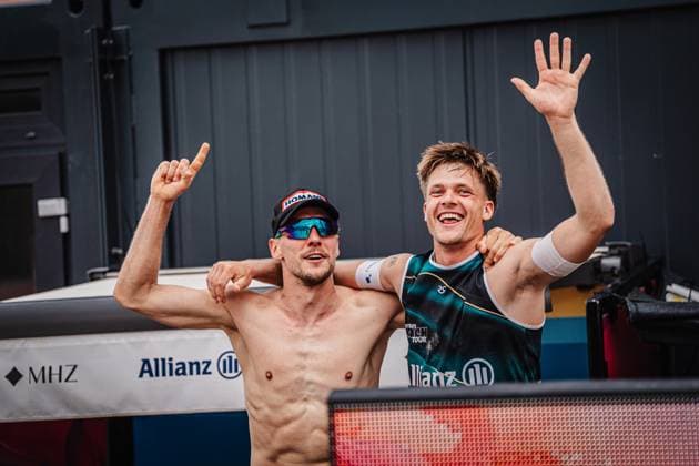 Beach volleyball men Allianz German Beach Tour 2025 Tourstop Bremen 15 06 2025 f l David Poniewaz and Luis Kubo Bremen Waterfront Bremen Germany