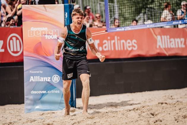 Beach volleyball men Allianz German Beach Tour 2025 Tourstop Bremen 15 06 2025 Luis Kubo cheers Bremen Waterfront Bremen Germany