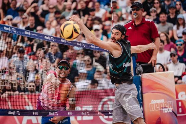 Beach volleyball men Allianz German Beach Tour 2025 Tourstop Bremen 15 06 2025 v l Bennet Poniewaz attacking against Jannik Kühlborn Bremen Waterfront Bremen Germany