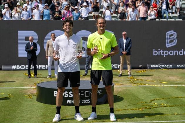 Taylor Fritz USA and Alexander Zverev GER xettx, Germany, Stuttgart, 15 06 2025, Tennis, Boss Open, 2025, Final, A Zverev GER T Fritz USA , TC Weissenhof, Center Court