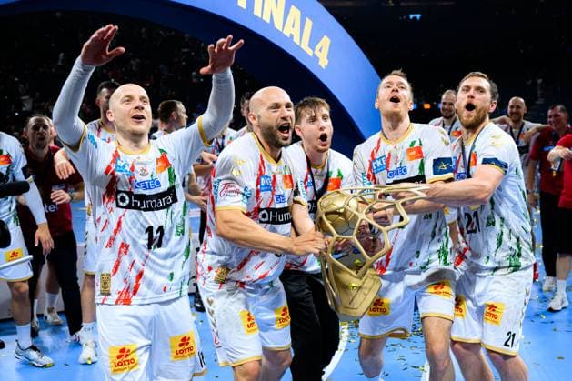 Cologne, Germany Handball EHF CL Final 4 Final Fuechse Berlin SC Magdeburg Daniel Pettersson SC Magdeburg , Oscar Bergendahl SC Magdeburg , Isak Persson Magdeburg , Felix Claar Magdeburg , Albin Lagergren SC Magdeburg with the cup Cologne Lanxess Arena Nordrhein Westfalen Germany