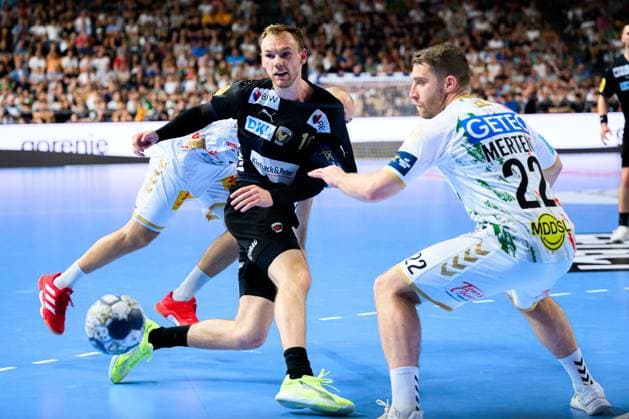 Cologne, Germany Handball EHF CL Final 4 Final Fuechse Berlin SC Magdeburg Mathias Gidsel Berlin , Lukas Mertens SC Magdeburg Cologne Lanxess Arena Nordrhein Westfalen Germany