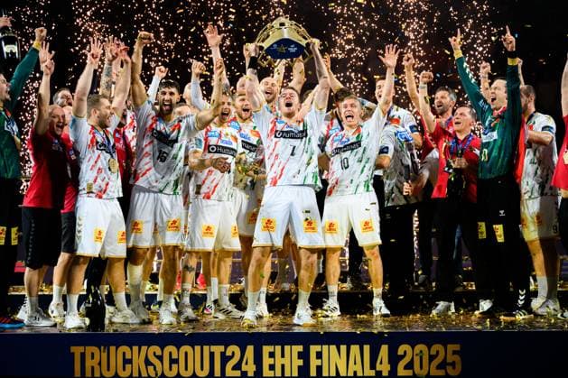 Cologne, Germany Handball EHF CL Final 4 Final Fuechse Berlin SC Magdeburg Felix Claar Magdeburg lifts the trophy Cologne Lanxess Arena North Rhine-Westphalia Germany