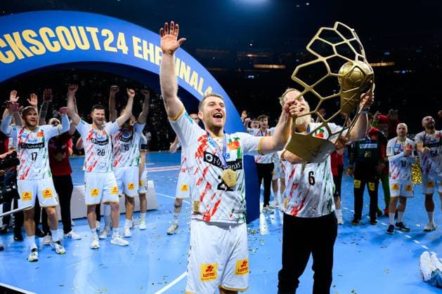 Cologne, Germany Handball EHF CL Final 4 Final Fuechse Berlin SC Magdeburg Lukas Mertens SC Magdeburg , Matthias Musche SC Magdeburg with the trophy Cologne Lanxess Arena North Rhine-Westphalia Germany