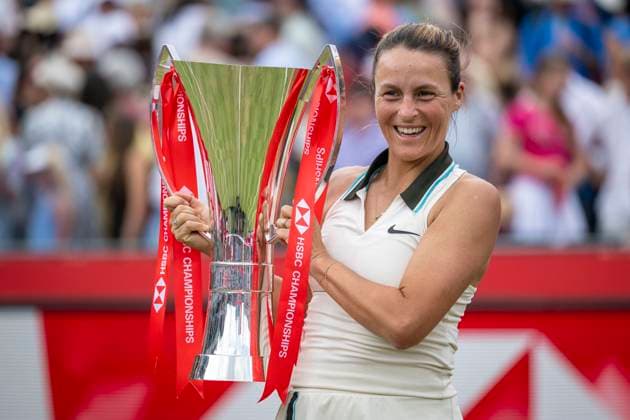 (250616) -- LONDON, June 16, 2025 -- Tatjana Maria of Germany celebrates with the trophy during the awarding ceremony after the women s singles final between Amanda Anisimova of the United States and Tatjana Maria of Germany at the Queen s Club Championships in London, Britain, June 15, 2025. (Photo by Xinhua) (SP)BRITAIN-LONDON-TENNIS-QUEEN S CLUB CHAMPIONSHIPS StephenxChung 
