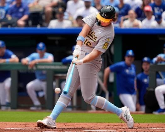 June 15, 2025: Athletics first base Nick Kurtz (16) drives a pitch against the Royals at Kauffman Stadium Kansas City, Missouri. CSM. Kansas City United States - ZUMAc04_ 20250615_zma_c04_075 Copyright: xJonxRobichaudx