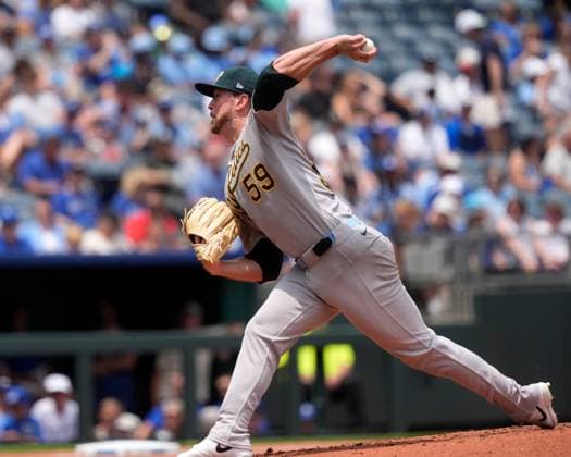 June 15, 2025: Athletics quality control coach Marcus Jensen (59) brings a pitch home against the Royals at Kauffman Stadium Kansas City, Missouri. CSM. Kansas City United States - ZUMAc04_ 20250615_zma_c04_087 Copyright: xJonxRobichaudx