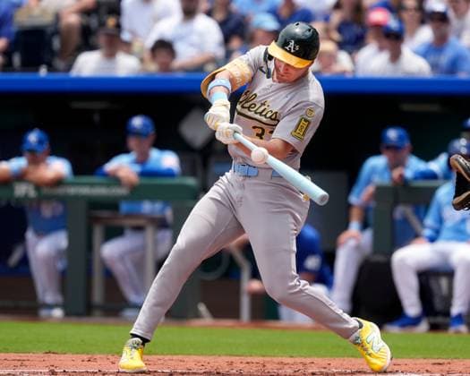 June 15, 2025: Athletics outfielder JJ Bleday (33) makes contact with a pitch against the Royals at Kauffman Stadium Kansas City, Missouri. CSM. Kansas City United States - ZUMAc04_ 20250615_zma_c04_098 Copyright: xJonxRobichaudx