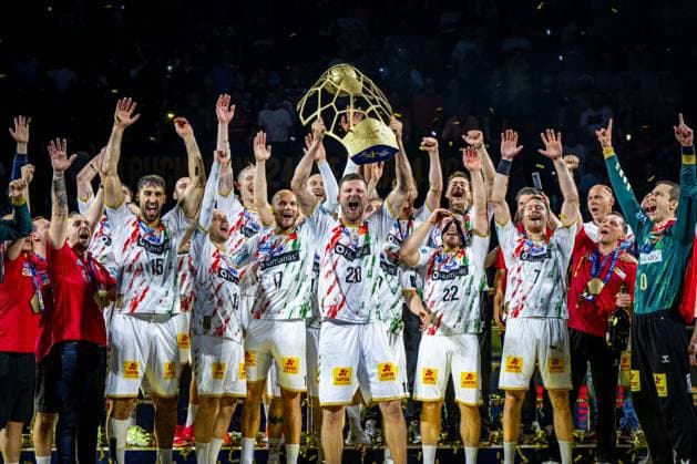 Handball Cologne 15 06 2025 EHF Final4 2025 Champions League Champions League Final Füchse Berlin SC Magdeburg SC Magdeburg is Champions League winner 2025 Weber Philipp Magdeburg, No 20 with trophy Award ceremony Cheers