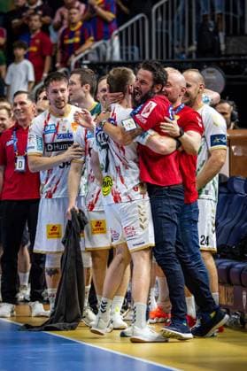 Handball Cologne 15 06 2025 EHF Final4 2025 Champions League Champions League Final Füchse Berlin SC Magdeburg Bennet Wiegert Magdeburg, Coach Jubel Claar Felix Magdeburg, No 07