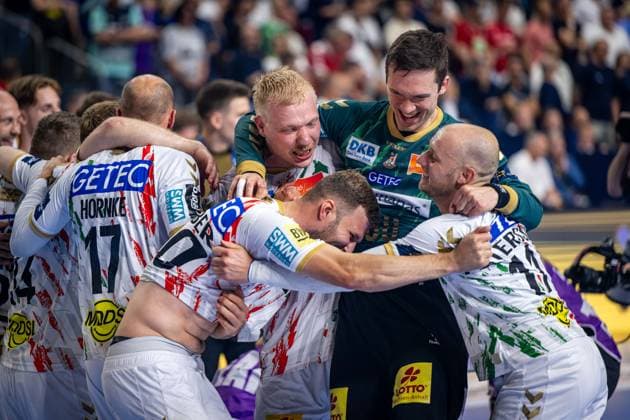 Handball Cologne 15 06 2025 EHF Final4 2025 Champions League Champions League Final Füchse Berlin SC Magdeburg SC Magdeburg is Champions League winner 2025 Jubel Weber Philipp Magdeburg, No 20 Pettersson Daniel Magdeburg, No 11 Portner Nikola Magdeburg, TW, No 80 Jensen Magnus Saugstrup Magdeburg, No 23 and others