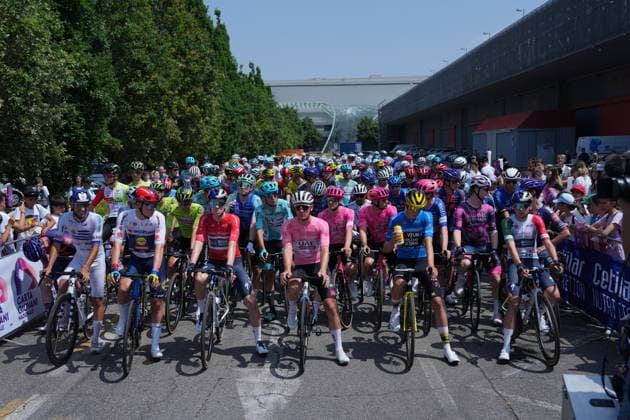 SCHWARZBACHER Matthias Pink Jersey , Matisse Van Kerckhove (Team Visma Lease a Bike Development) Blue jersey , Lorenzo Mark Finn (Red Bull - Bora - Hansgrohe Rookies) maglia tricolore during the stage 2 of the Giro Next Gen 2025, Rho Fiera Milano (Mi) - CantÃ¹ (Co), 146 km, Italy - Monday, June 16, 2025. - cycling.  Copyright: xGianxMattiaxD Albertox LaPressex