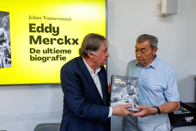 VRT journalist Johny Vansevenant and Former Belgian cyclist Eddy Merckx pictured during the presentation of the book Eddy Merckx. De Ultieme Biografie , written by journalist Johny Vansevenant, Monday 16 June 2025 in Meise. KURTxDESPLENTER  x127141806x