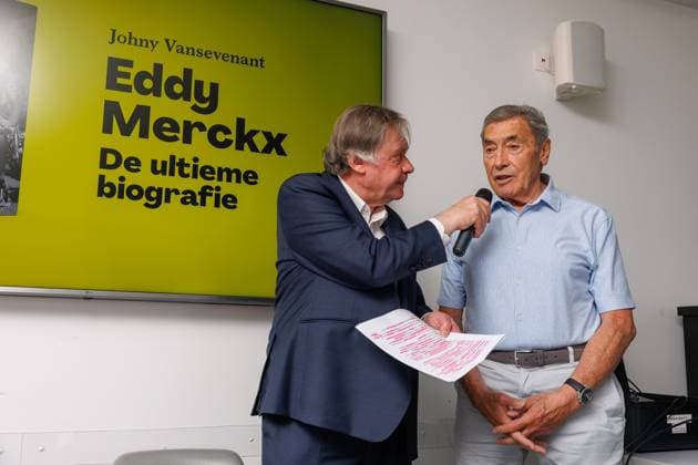VRT journalist Johny Vansevenant and Former Belgian cyclist Eddy Merckx pictured during the presentation of the book Eddy Merckx. De Ultieme Biografie , written by journalist Johny Vansevenant, Monday 16 June 2025 in Meise. KURTxDESPLENTER  x127141819x