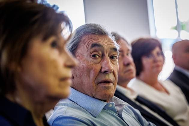 Former Belgian cyclist Eddy Merckx and his wife and VRT journalist Johny Vansevenant and his wife pictured during the presentation of the book Eddy Merckx. De Ultieme Biografie , written by journalist Johny Vansevenant, Monday 16 June 2025 in Meise. KURTxDESPLENTER  x127141844x