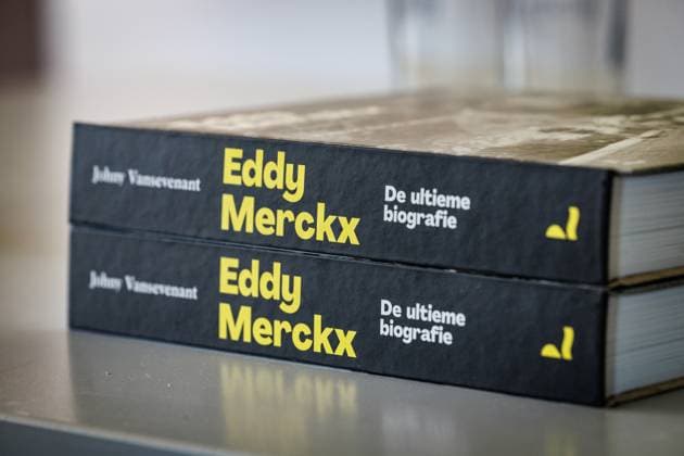 A close up on the book pictured at the presentation of the book Eddy Merckx. De Ultieme Biografie , written by journalist Johny Vansevenant, Monday 16 June 2025 in Meise. KURTxDESPLENTER  x127141887x