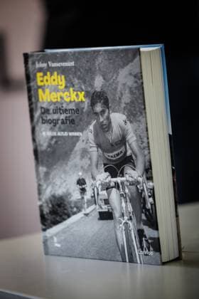 A close up on the book pictured at the presentation of the book Eddy Merckx. De Ultieme Biografie , written by journalist Johny Vansevenant, Monday 16 June 2025 in Meise. KURTxDESPLENTER  x127141949x