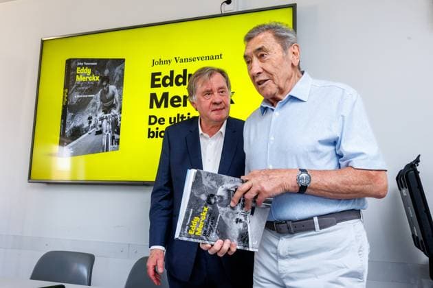 VRT journalist Johny Vansevenant and Former Belgian cyclist Eddy Merckx pictured during the presentation of the book Eddy Merckx. De Ultieme Biografie , written by journalist Johny Vansevenant, Monday 16 June 2025 in Meise. KURTxDESPLENTER  x127143104x