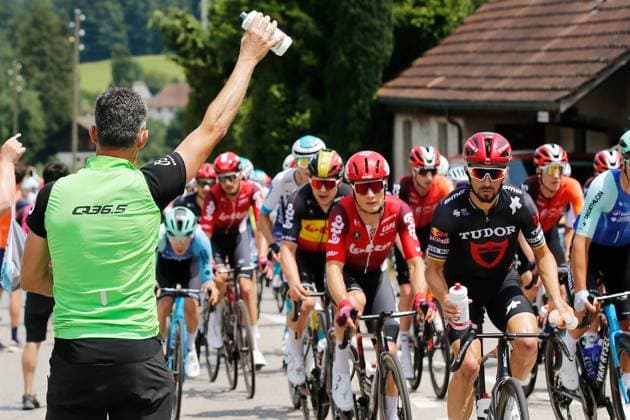 TDS 2 stage Julian Alaphilippe FRA Team Tudor at the refreshment point 16 06 2025 Aarau, SWITZERLAND, Tour de Suisse 2 stage Aarau Schwarzsee Julian Alaphilippe FRA Team Tudor Pro Cycling at the refreshment point near Roggwil