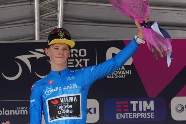 VAN KERCKHOVE Matisse TEAM VISMA LEASE A BIKE DEVELOPMENT blu jersey during the stage 2 of the Giro Next Gen 2025, Rho Fiera Milano (Mi) - CantÃ¹ (Co), 146 km, Italy - Monday, June 16, 2025. - cycling.  Copyright: xGianxMattiaxD Albertox LaPressex