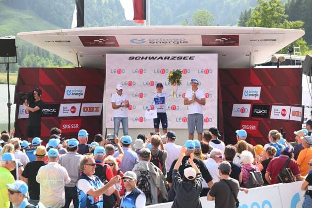 Tour de Suisse 2025 Stage 2 SCHWARZSEE LAC NOIR, SWITZERLAND - JUNE 16 : Gregoire Romain (FRA) of Groupama - FDJ wearing the best Youth Rider jersey on the podium after stage 2 of the 88th edition of Tour de Suisse an UCI World Tour 2.UWT cycling road race stage for Men Elite of 177 km with start in Aarau and finish in Schwarzsee Lac Noir on June 16, 2025 in Schwarzsee Lac Noir, Switzerland, 16 06 2025 ( Motordriver Kenny Verfaillie - Schwarzsee Lac Noir Switzerland  Copyright: xVincentxKalutx