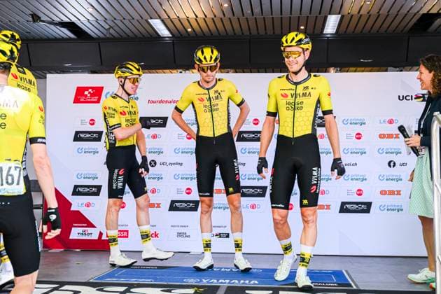 Tour de Suisse 2025 Stage 3 HEIDEN, SWITZERLAND - JUNE 17 : Vermote Julien (BEL) of Team Visma - Lease a Bike, Benoot Tiesj (BEL) of Team Visma - Lease a Bike on stage before the start of the race during stage 3 of the 88th edition of Tour de Suisse an UCI World Tour 2.UWT cycling road race stage for Men Elite of 195.6 km with start in Aarau and finish in Heiden on June 17, 2025 in Heiden, Switzerland, 17 06 2025 ( Motordriver Kenny Verfaillie - Heiden Switzerland  Copyright: xVincentxKalutx
