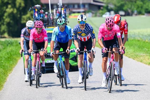 Tour de Suisse 2025 Stage 3 HEIDEN, SWITZERLAND - JUNE 17 : Verstrynge Emiel (BEL) of Alpecin - Deceuninck, Peters Nans (FRA) of Decathlon AG2R La Mondiale Team, Van Moer Brent (BEL) of Lotto leading the escape pack, Battistella Samuele (ITA) of EF Education - Easypost, Walker Max (GBR) of EF Education - Easypost, Simmons Quinn (USA) of Lidl - Trek during stage 3 of the 88th edition of Tour de Suisse an UCI World Tour 2.UWT cycling road race stage for Men Elite of 195.6 km with start in Aarau and finish in Heiden on June 17, 2025 in Heiden, Switzerland, 17 06 2025 ( Motordriver Kenny Verfaillie - Heiden Switzerland  Copyright: xVincentxKalutx