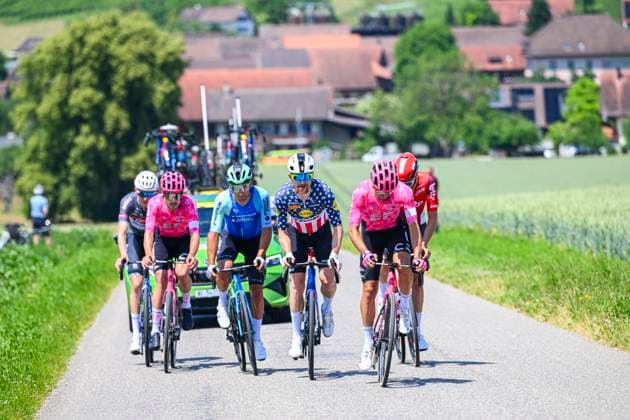 Tour de Suisse 2025 Stage 3 HEIDEN, SWITZERLAND - JUNE 17 : Verstrynge Emiel (BEL) of Alpecin - Deceuninck, Peters Nans (FRA) of Decathlon AG2R La Mondiale Team, Van Moer Brent (BEL) of Lotto leading the escape pack, Battistella Samuele (ITA) of EF Education - Easypost, Walker Max (GBR) of EF Education - Easypost, Simmons Quinn (USA) of Lidl - Trek during stage 3 of the 88th edition of Tour de Suisse an UCI World Tour 2.UWT cycling road race stage for Men Elite of 195.6 km with start in Aarau and finish in Heiden on June 17, 2025 in Heiden, Switzerland, 17 06 2025 ( Motordriver Kenny Verfaillie - Heiden Switzerland  Copyright: xVincentxKalutx