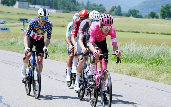 17 06 2025 Switzerland Tour de Suisse Men 2025 2nd stage Aarau Heiden Picture The runaways Max Walker EF Education Easypost in front, Emiel Verstrynge Team Alpecin in back, Brent Van Moer Team Lotto left Quinn Simmons Team Lidl Trek Action