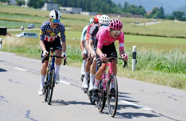 17 06 2025 Switzerland Tour de Suisse Men 2025 2nd stage Aarau Heiden Picture The runaways Max Walker EF Education Easypost in front, Emiel Verstrynge Team Alpecin in back, Brent Van Moer Team Lotto left Quinn Simmons Team Lidl Trek Action