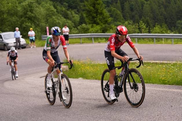 WIDAR Jarno ( LOTTO DEVELOPMENT TEAM) Lorenzo Mark Finn (Red Bull - Bora - Hansgrohe Rookies) Tricolour Jersey during the stage 3 of the Giro Next Gen 2025, Albese con Cassano (Co) -Passo Maniva (Bs), 143 km, Italy - Tuesday, June 17, 2025. - cycling.  Copyright: xFabioxFerrarix LaPressex