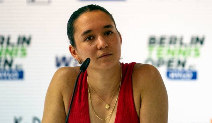 17 06 2025, WTA 500, Tennis, Women, Berlin Tennis Open by Hylo 2025, Berlin, Doubles, 1 round, Marta Kostyuk Ukraine Eva Lys Germany Sara Errani Italy Jasmine Paolini Italy Eva Lys Germany at the press conference after the match Berlin Steffi Graf Stadion Berlin Germany