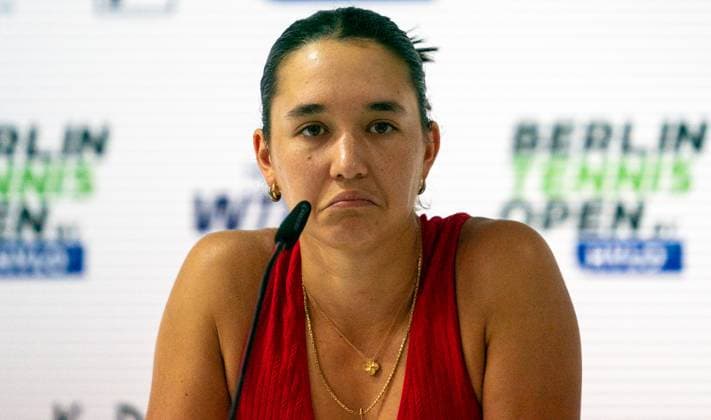 17 06 2025, WTA 500, Tennis, Women, Berlin Tennis Open by Hylo 2025, Berlin, Doubles, 1 round, Marta Kostyuk Ukraine Eva Lys Germany Sara Errani Italy Jasmine Paolini Italy Eva Lys Germany at the press conference after the match Berlin Steffi Graf Stadion Berlin Germany