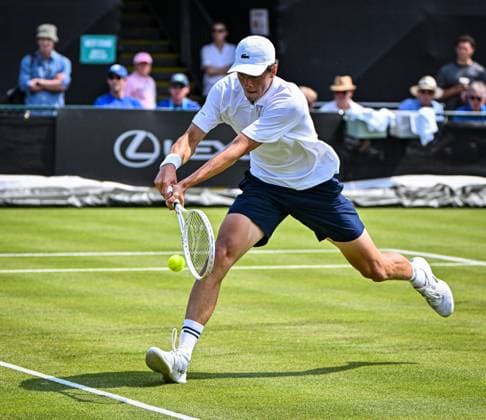 17th June 2025; Lexus Nottingham Tennis Centre, Nottingham, England; Lexus Nottingham Open, Day 2, Day two; Alexander Blockx (BEL) world No 40 hits a backhand volley against Tristan Schoolkate (nzl)  ActionPlus12801977 GodfreyxPitt