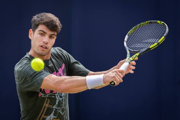 17th June 2025; HSBC Championships, Queens Club, West Kensington, London, England: HSBC Mens Championships Queens Club, Day 2; Carlos Alcaraz (ESP) during his practice session  ActionPlus12802000 IanxStephen