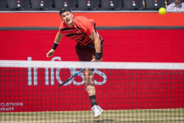 17th June 2025; HSBC Championships, Queens Club, West Kensington, London, England: HSBC Mens Championships Queens Club, Day 2; Jack Draper (GBR) plays a forehand smash against Jenson Brooksby (USA)  ActionPlus12802022 IanxStephen