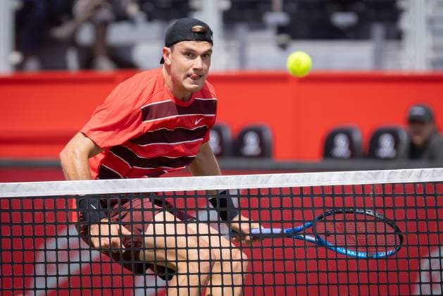 17th June 2025; HSBC Championships, Queens Club, West Kensington, London, England: HSBC Mens Championships Queens Club, Day 2; Jack Draper (GBR) plays a net drop shot against Jenson Brooksby (USA)  ActionPlus12802033 IanxStephen