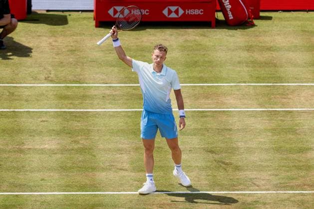17th June 2025; HSBC Championships, Queens Club, West Kensington, London, England: HSBC Mens Championships Queens Club, Day 2; Jiri Lehecka (CZE) celebrates beating Alex de Minaur (AUS)  ActionPlus12802015 IanxStephen