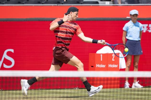 17th June 2025; HSBC Championships, Queens Club, West Kensington, London, England: HSBC Mens Championships Queens Club, Day 2; Jack Draper (GBR) plays a forehand shot against Jenson Brooksby (USA)  ActionPlus12802016 IanxStephen