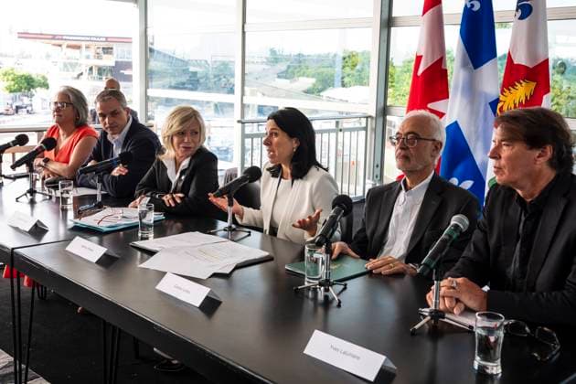 June 17, 2025, Montreal, Pq, CANADA: Montreal mayor Valo rie Plante, centre, gives remarks on a Formula One Canadian Grand Prix contract extension while accompanied by, from left, Vo ronique Doucet, director of the Jean-Drapeau Park society, Jean-Philippe Paradis, president of Formula One Grand Prix, Canada; Caroline Proulx, minister of Tourism of Quebec; Carlos Leito£o, parliamentary secretary to the Ministry of Industry and Yves Lalumiere, president of Tourism Montreal during a press conference, PK, Pressekonferenz in Montreal on Tuesday, June 17, 2025. Canada News - June 17, 2025 - ZUMAc35_ 20250617_zaf_c35_007 Copyright: xChristopherxKatsarovx