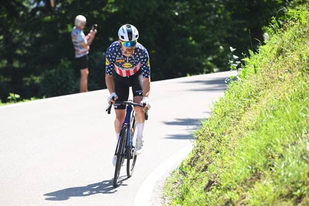 Tour de Suisse 2025 Stage 3 HEIDEN, SWITZERLAND - JUNE 17 : Simmons Quinn (USA) of Lidl - Trek alone in the escape pack during stage 3 of the 88th edition of Tour de Suisse an UCI World Tour 2.UWT cycling road race stage for Men Elite of 195.6 km with start in Aarau and finish in Heiden on June 17, 2025 in Heiden, Switzerland, 17 06 2025 ( Motordriver Kenny Verfaillie - Heiden Switzerland  Copyright: xVincentxKalutx