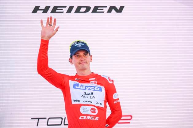 Tour de Suisse 2025 Stage 3 HEIDEN, SWITZERLAND - JUNE 17 : Engelhardt Felix (GER) of Team Jayco AlUla on the podium Red Jersey during stage 3 of the 88th edition of Tour de Suisse an UCI World Tour 2.UWT cycling road race stage for Men Elite of 195.6 km with start in Aarau and finish in Heiden on June 17, 2025 in Heiden, Switzerland, 17 06 2025 ( Motordriver Kenny Verfaillie - Heiden Switzerland  Copyright: xVincentxKalutx