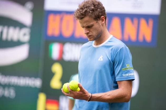 Yannick HANFMANN GER Action Jannik Sinner ITA vs Yannick Hanfmann GER Tennis Terra Wortmann Open 2025 on 17 06 2025 at the OWL Arena Halle Westfalen, Germany Â
