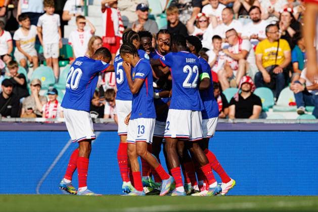 Players of France seen celebrating after goal from Nathan Zeze during UEFA EURO, EM, Europameisterschaft,Fussball U-21 2025 game between national teams of France and Poland (Maciej Rogowski) Zilina Stadion pod Dubnom Slovakia Copyright: xMaciejxRogowskix frapolu21-3