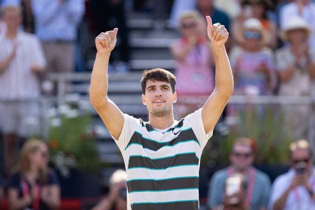 Sport Bilder des Tages 17th June 2025; HSBC Championships, Queens Club, West Kensington, London, England: HSBC Mens Championships Queens Club, Day 2; Carlos Alcaraz (ESP) celebrates, reacts after beating Adam Walton (AUS) in 2 sets  ActionPlus12802086 IanxStephen