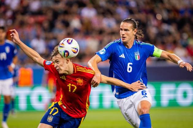 SPAIN U21, U 21 - ITALY U21 Jesus Rodriguez of Spain and Daniele Ghilardi of Italy during the UEFA European Under-21 Championship 2025 Group A football match between Spain U21 and Italy U21. City Arena Stadium, Trnava, Slovakia, June 17, 2025. Photo by Branislav Racko Copyright: xx 080A7769