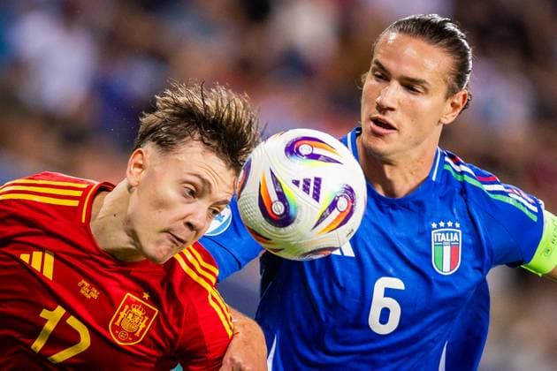 SPAIN U21, U 21 - ITALY U21 Jesus Rodriguez of Spain and Daniele Ghilardi of Italy during the UEFA European Under-21 Championship 2025 Group A football match between Spain U21 and Italy U21. City Arena Stadium, Trnava, Slovakia, June 17, 2025. Photo by Branislav Racko Copyright: xx 080A7772